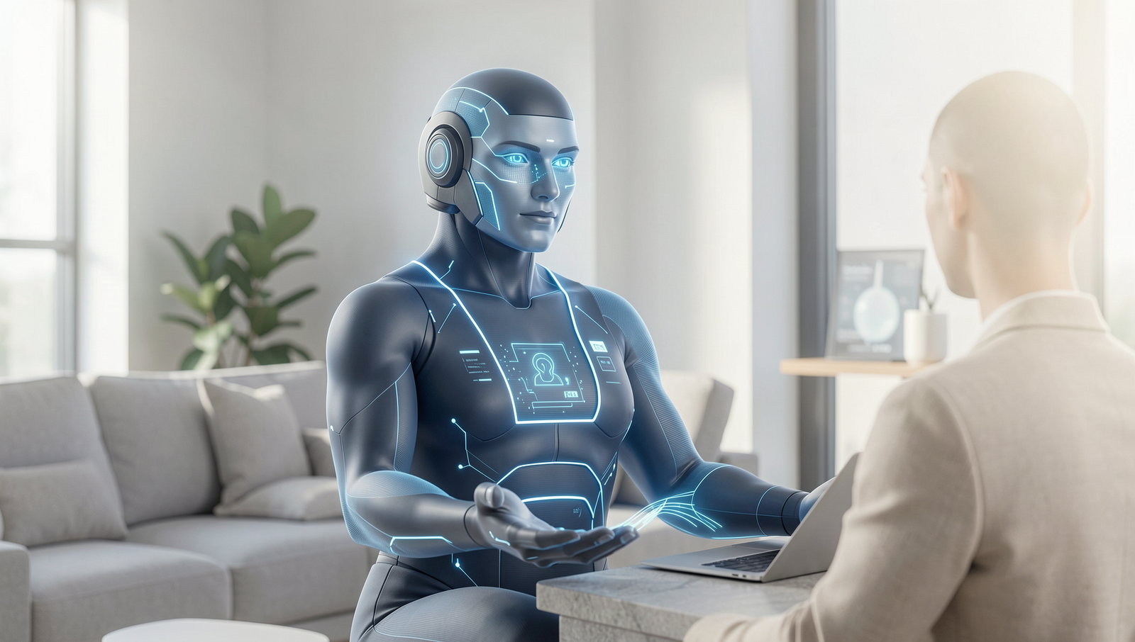 Futuristic AI assistant engaging with a user in a modern smart home setting.