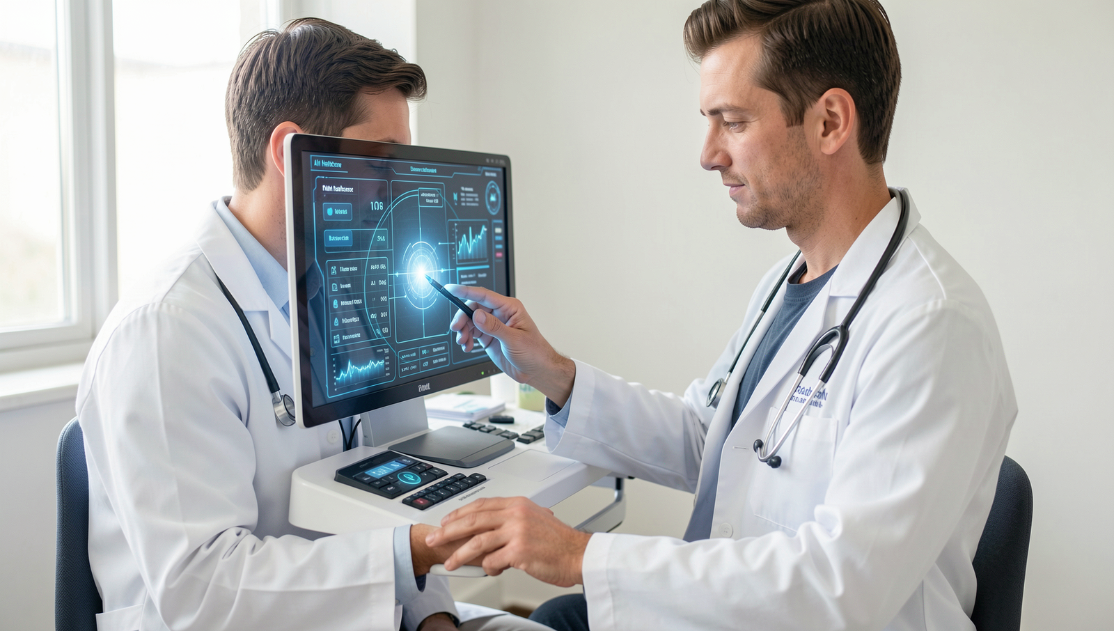 Doctor analyzing patient data with AI technology in a modern healthcare setting.