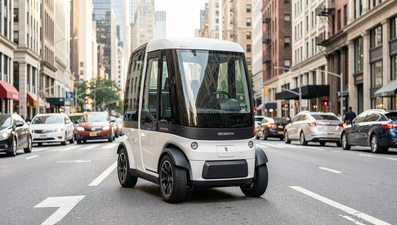 Autonomous vehicle navigating a busy city street in natural lighting.