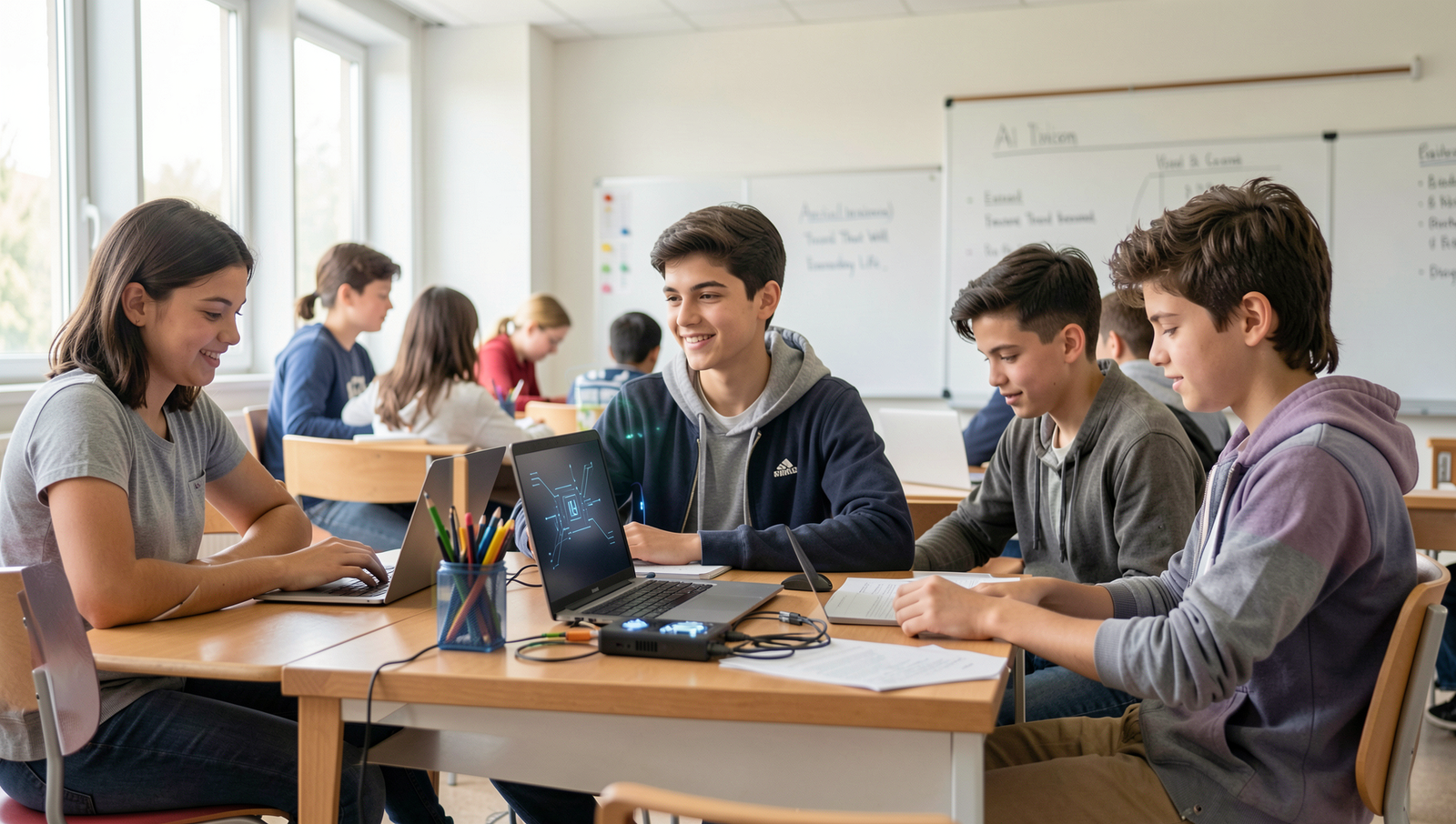 Students engaged with AI technology in a modern classroom setting