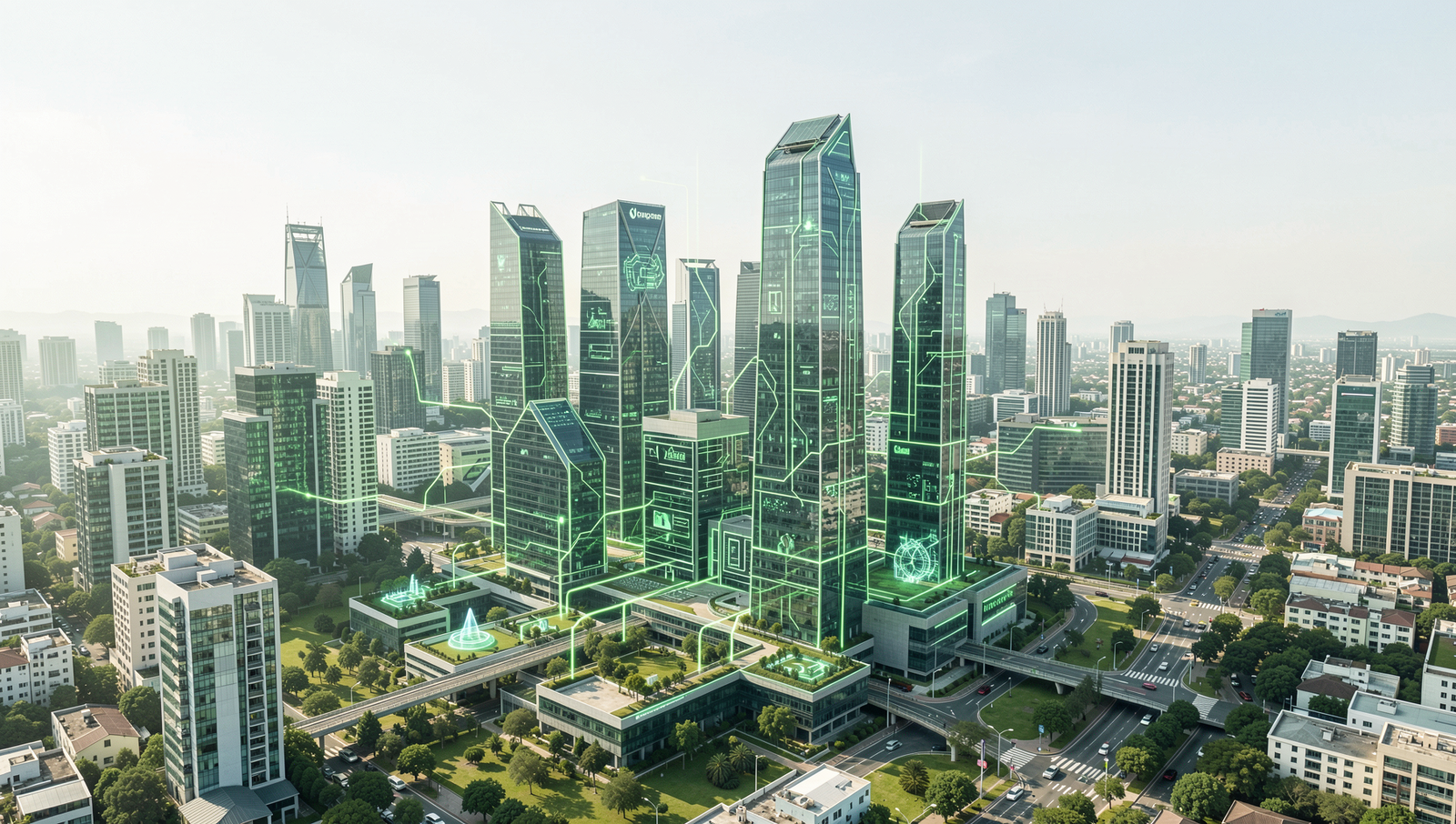 A green cityscape showcasing AI technology for sustainable living.