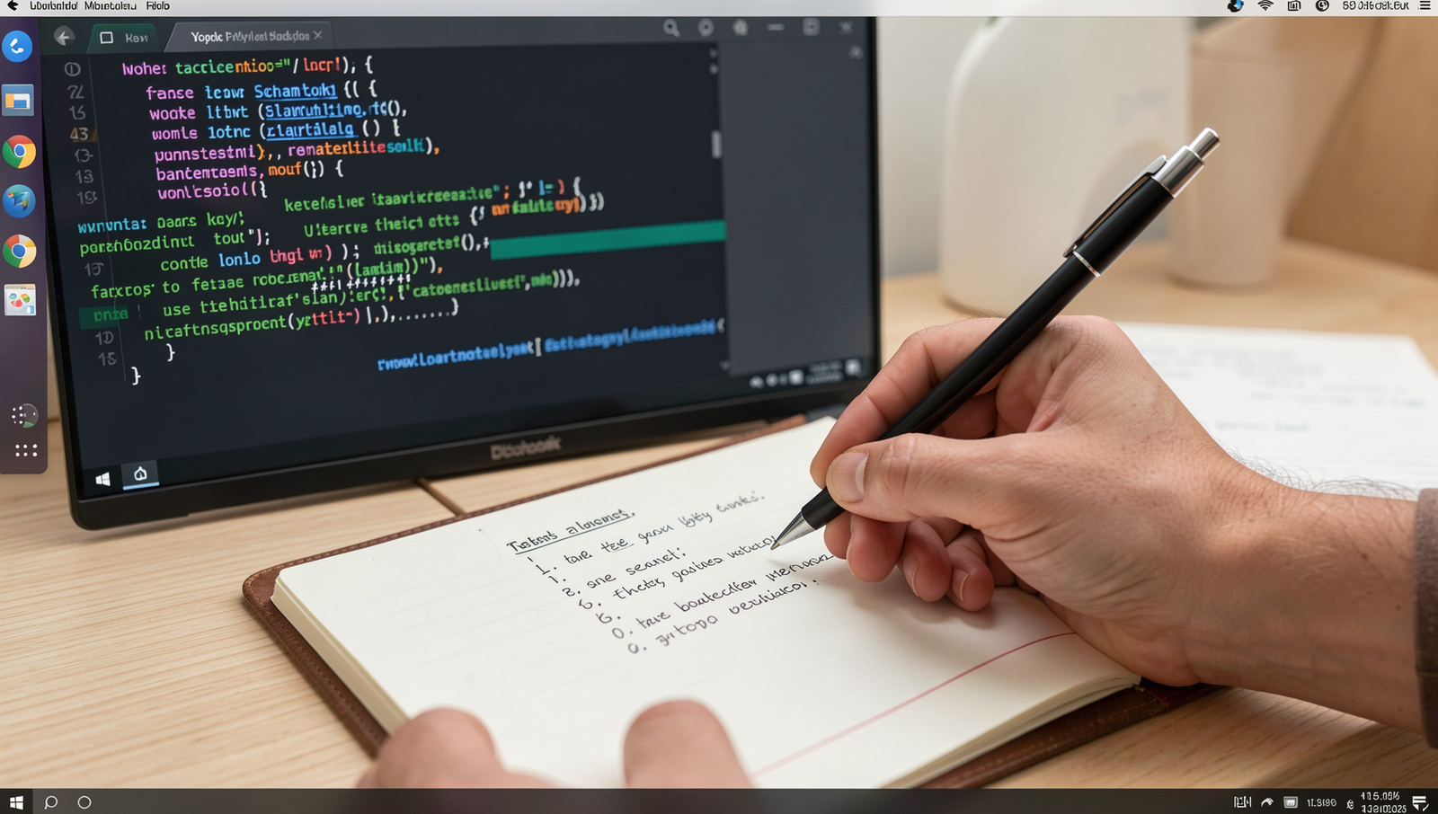 Person writing a task list on a notepad with a realistic computer screen in the background.