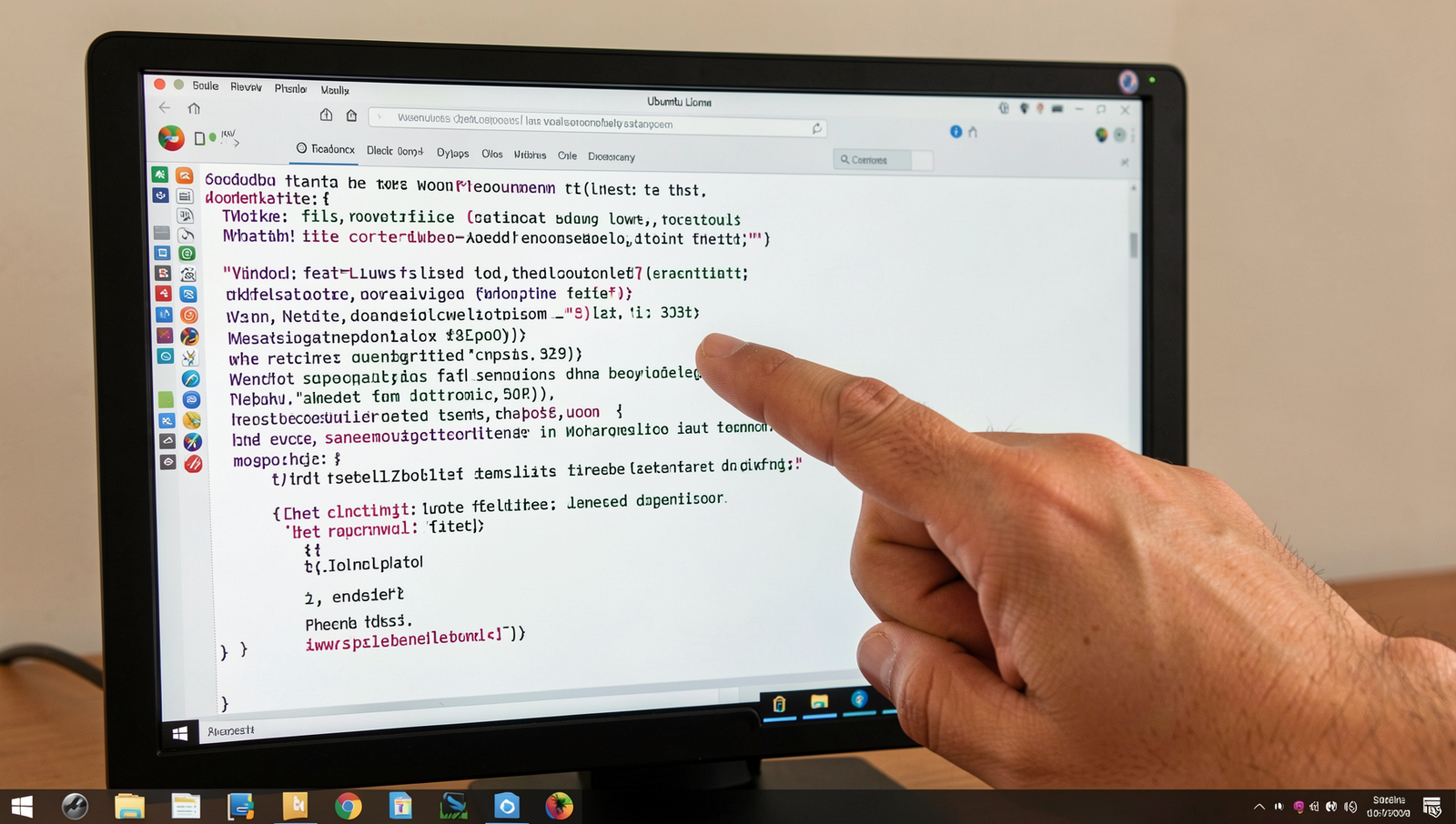 Person pointing at a task list on a computer screen with Linux UI.