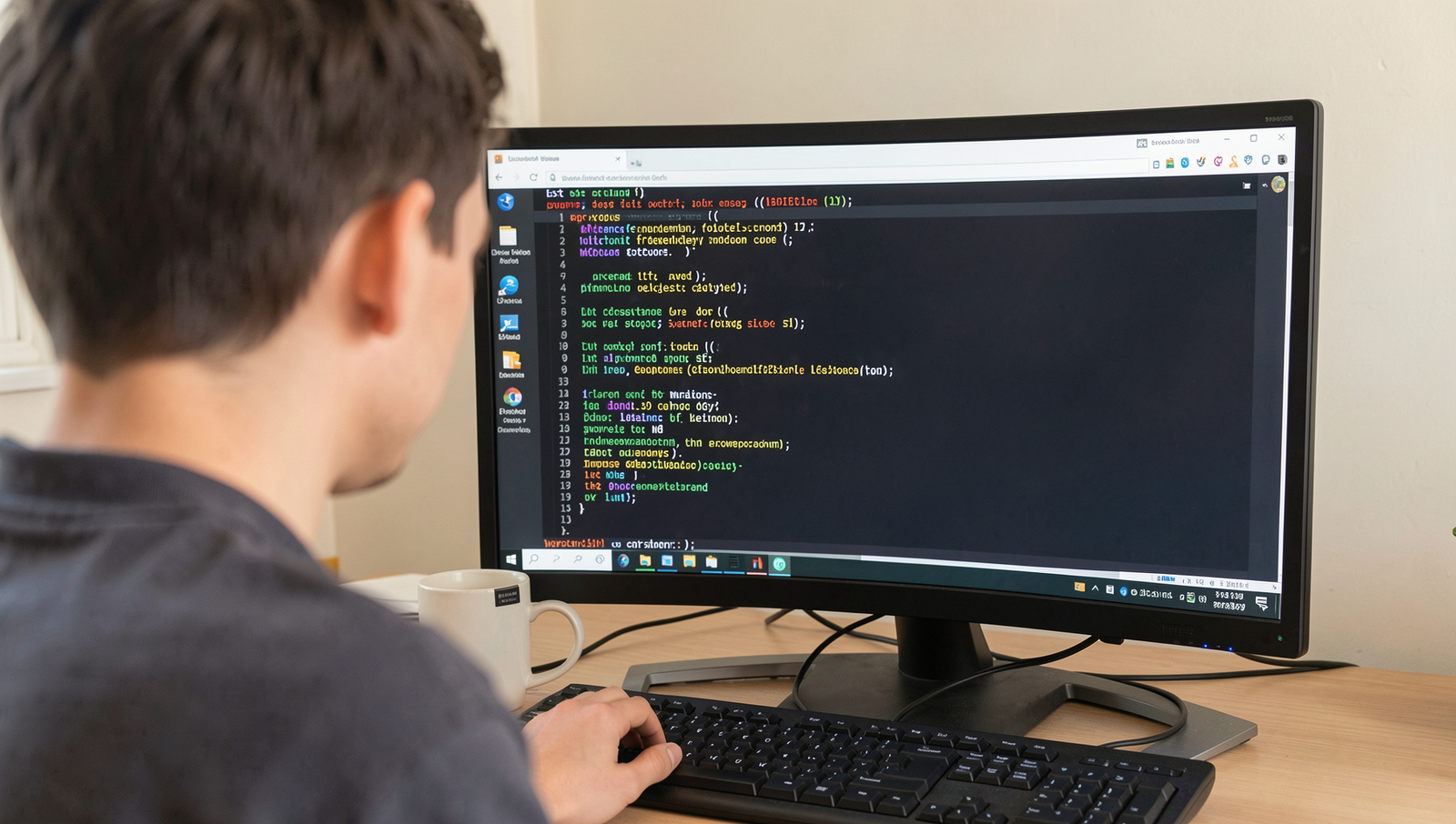 Person analyzing computer screen displaying Linux test results in a tutorial setting.