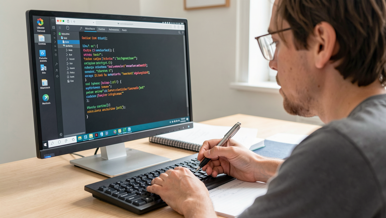 Person analyzing data on a Linux desktop, making notes for optimization.
