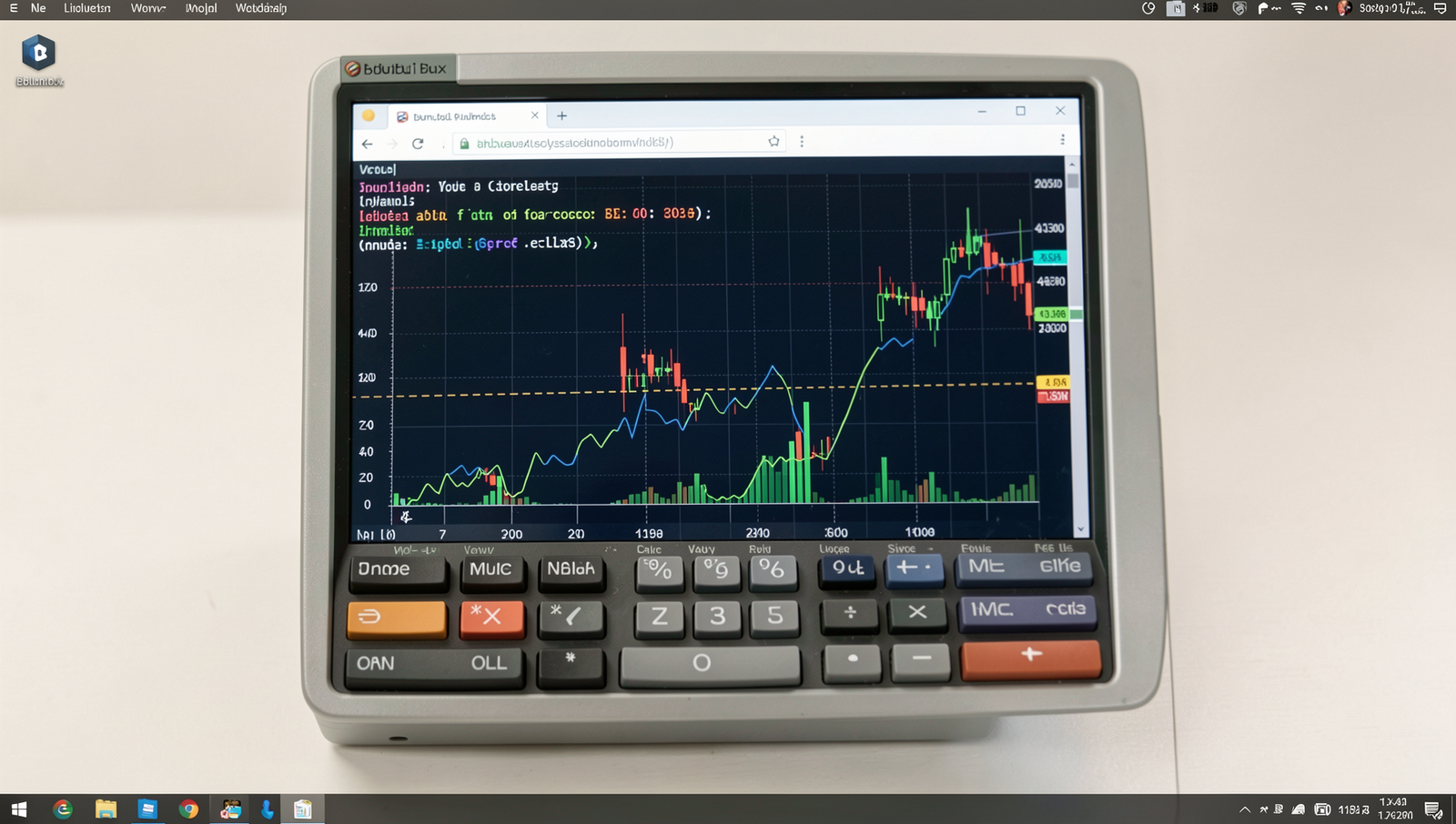 Photorealistic calculator displaying financial graphs on a Linux desktop environment.