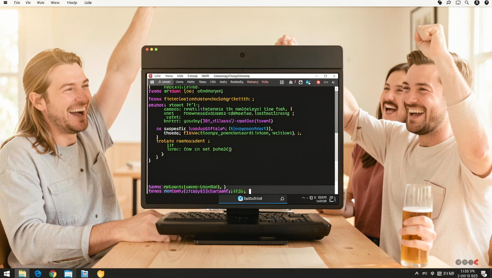 Team celebrating a successful technology decision with a Linux desktop in focus.