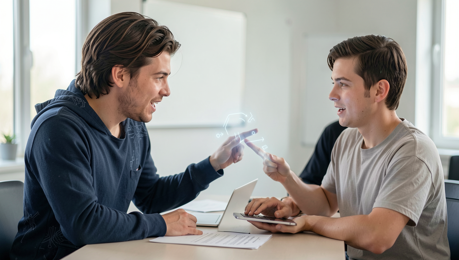 A person manipulating another in a social engineering scenario, showcasing deception.