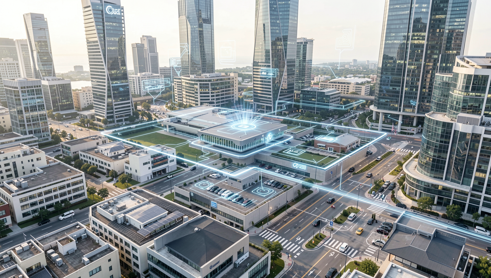 Smart city skyline showcasing edge computing technologies in action.
