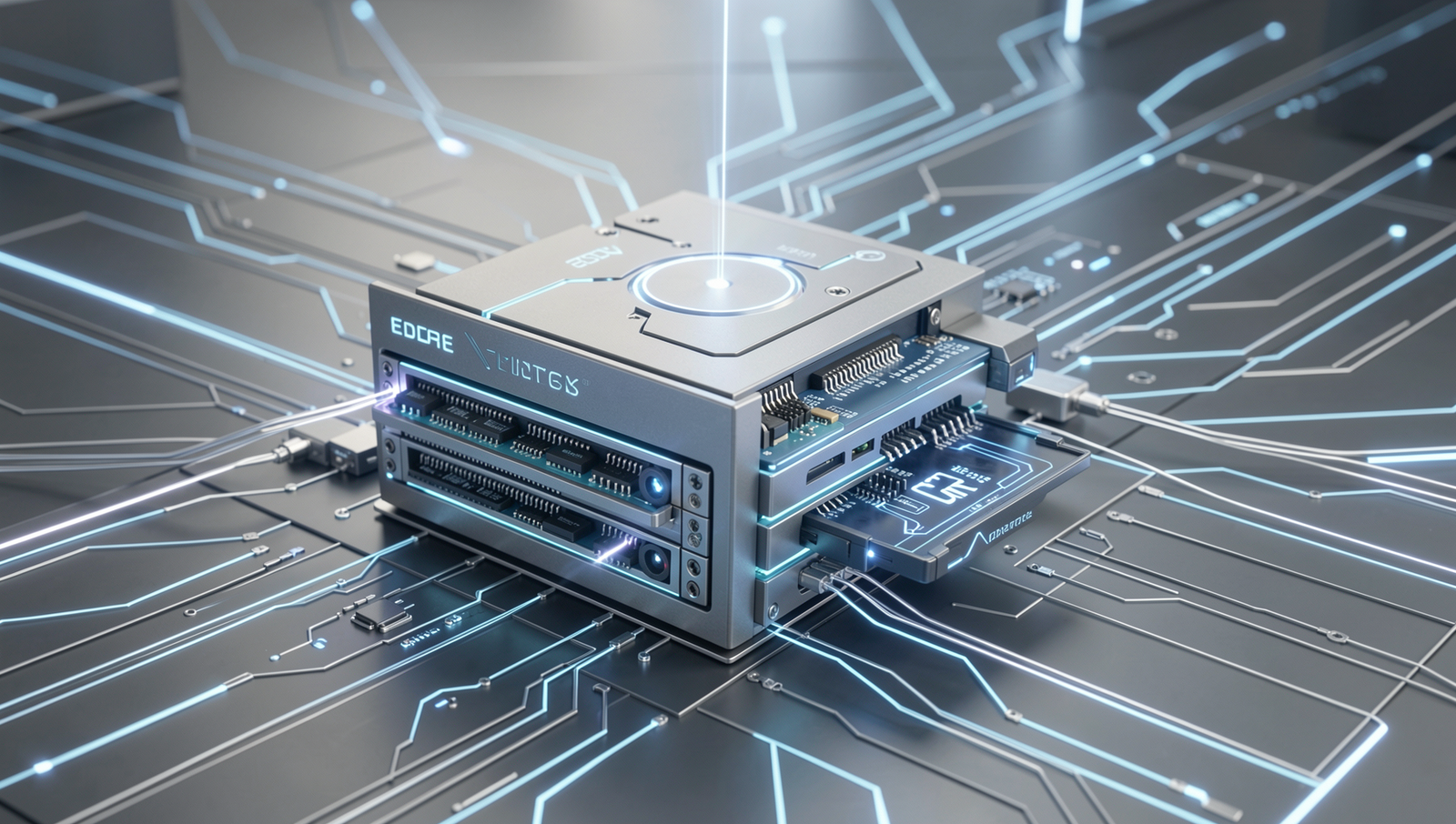 Futuristic edge computing technologies with realistic lighting and sharp focus.