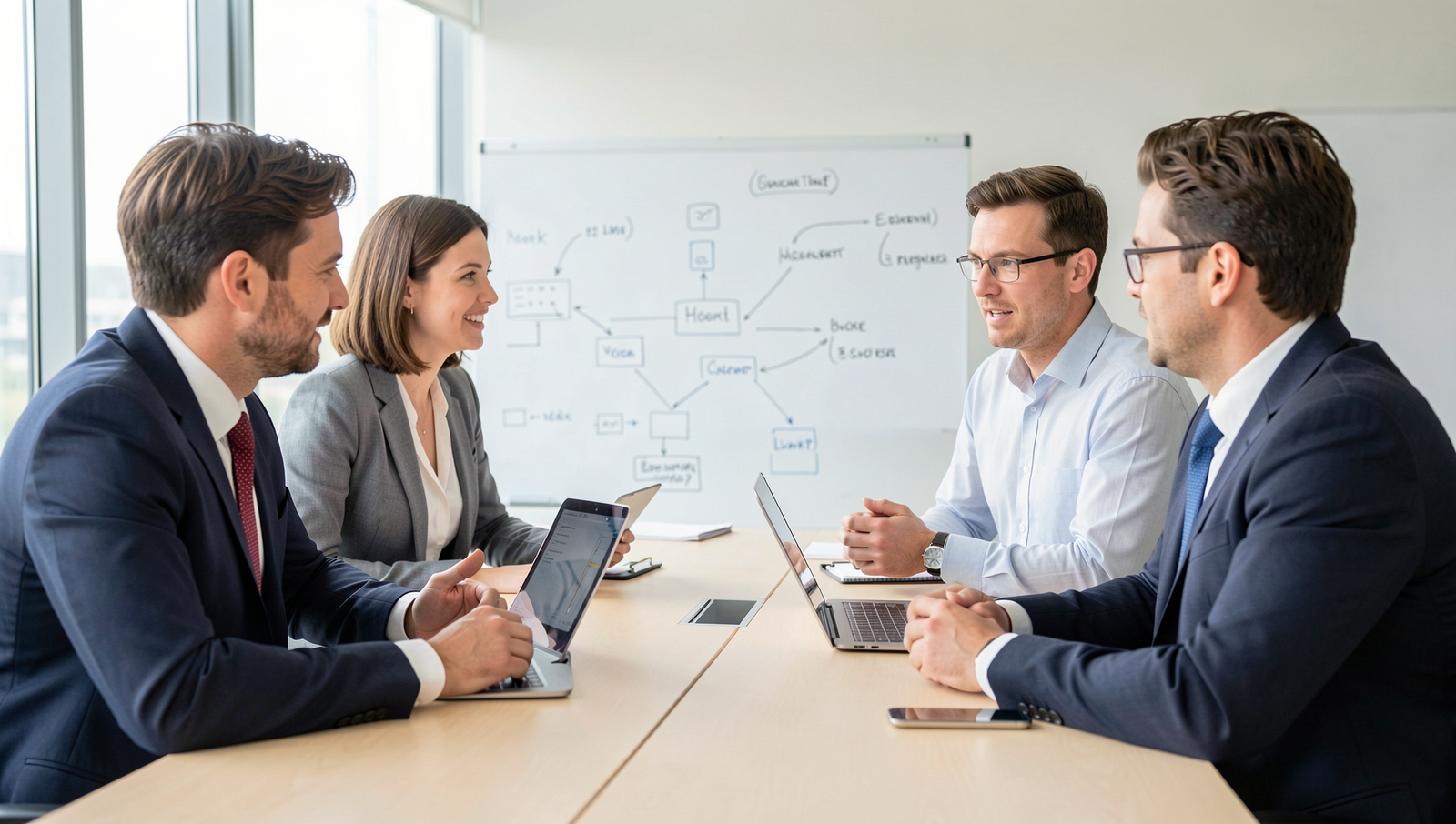 Business team collaborating on edge computing strategies in a modern office setting.