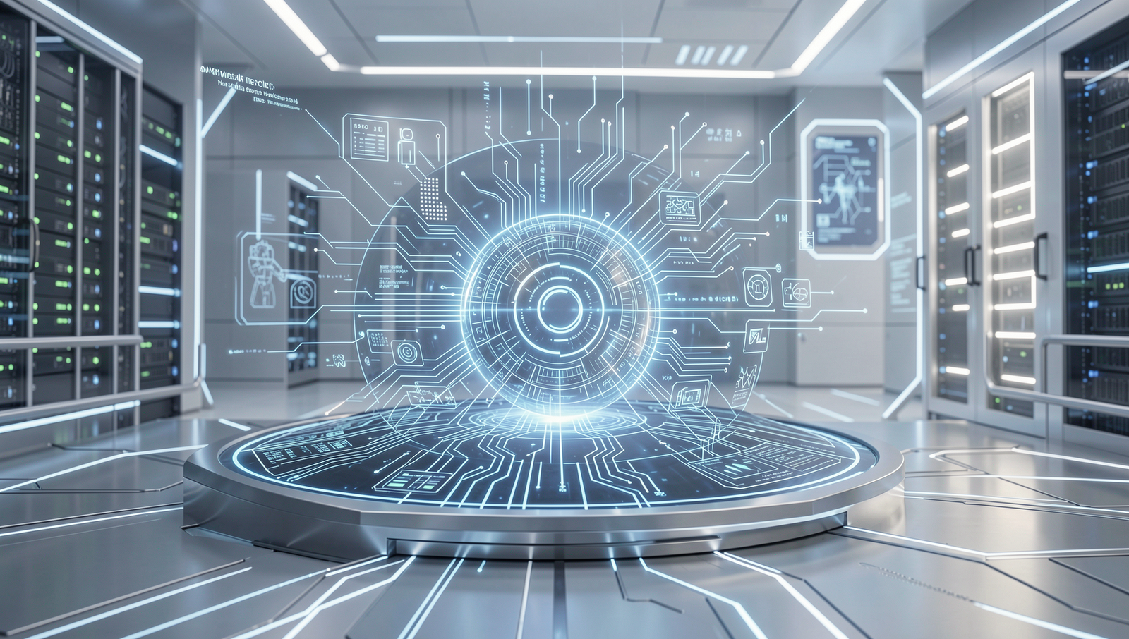 Futuristic AI technology representation across various sectors in a photorealistic style.