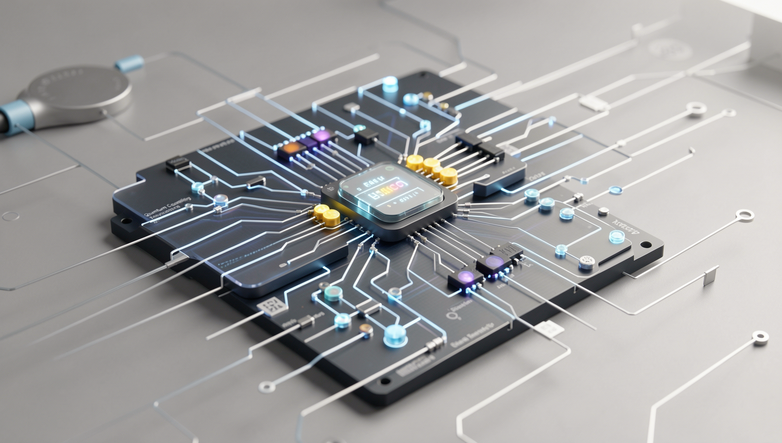 Photorealistic image of quantum computing with qubits and intricate circuits.