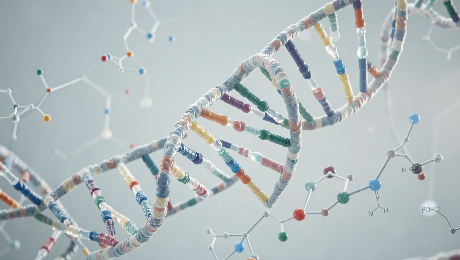 Detailed illustration of DNA strands and biotechnological processes in natural lighting.