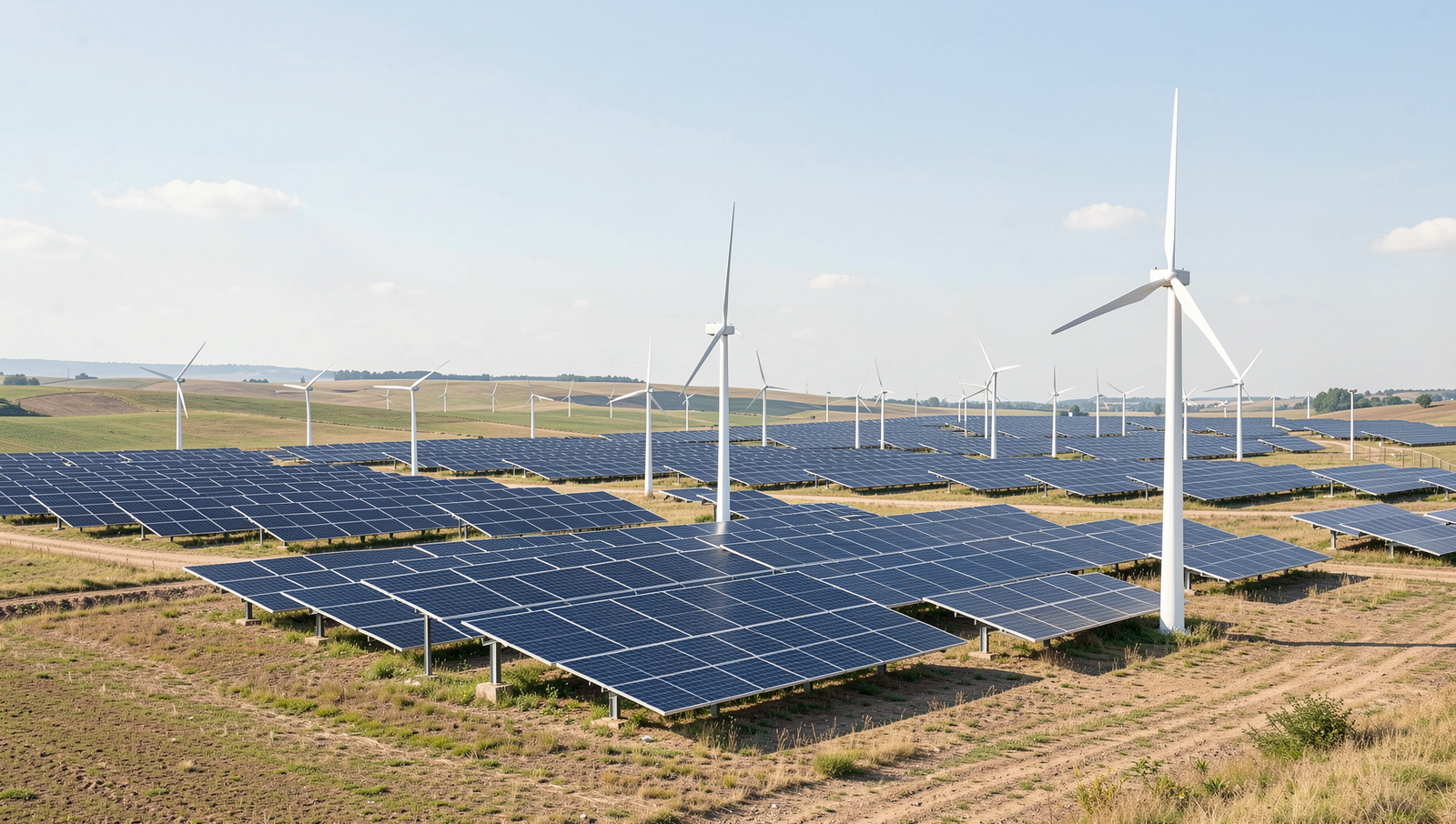 A landscape featuring solar panels and wind turbines under natural lighting.