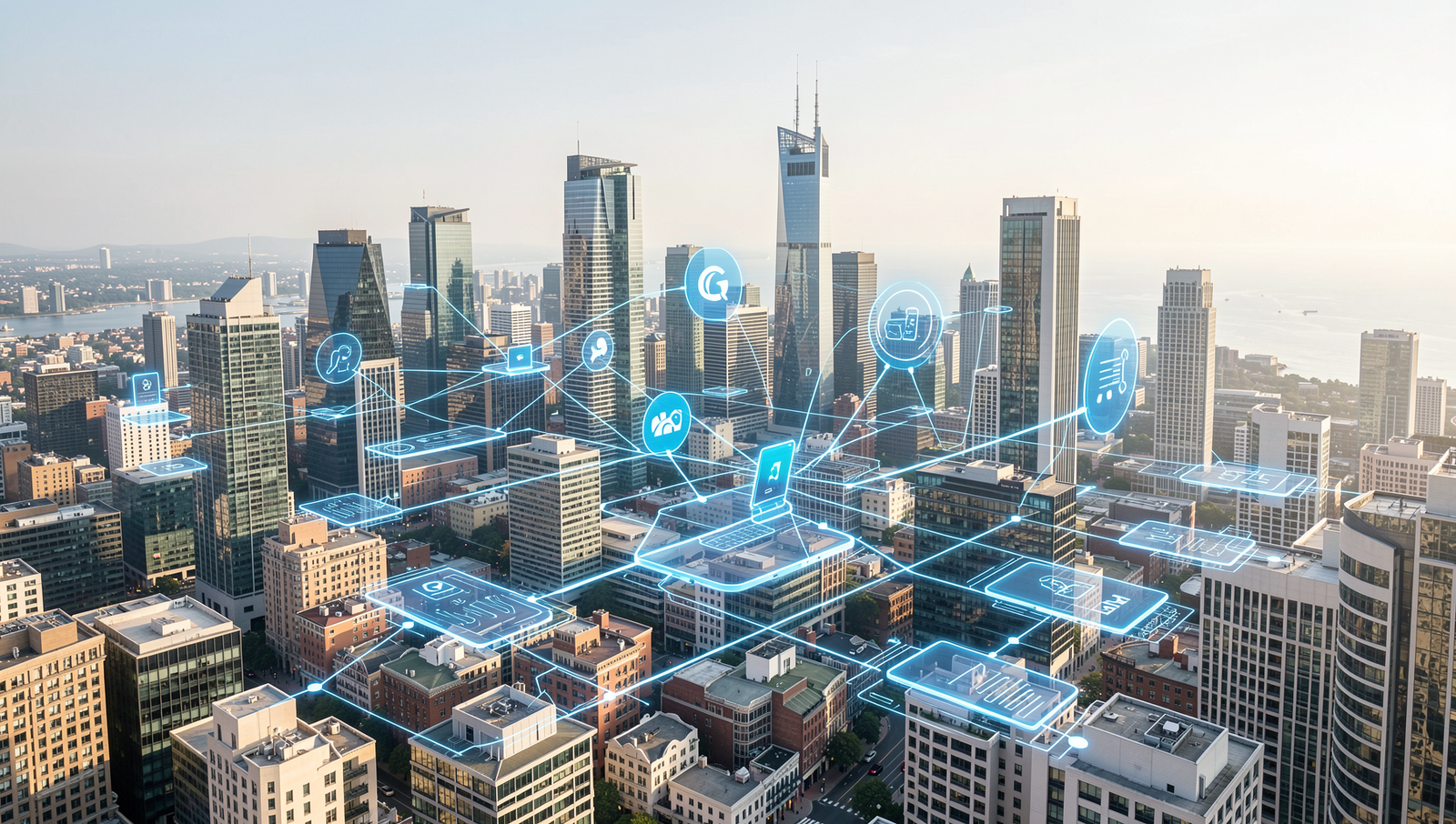 Cityscape illuminated by 5G technology with smart devices in use.