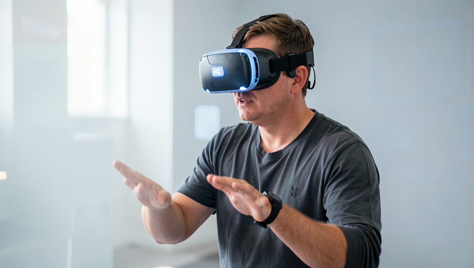 Person engaging with AR/VR technology in an interactive setting.