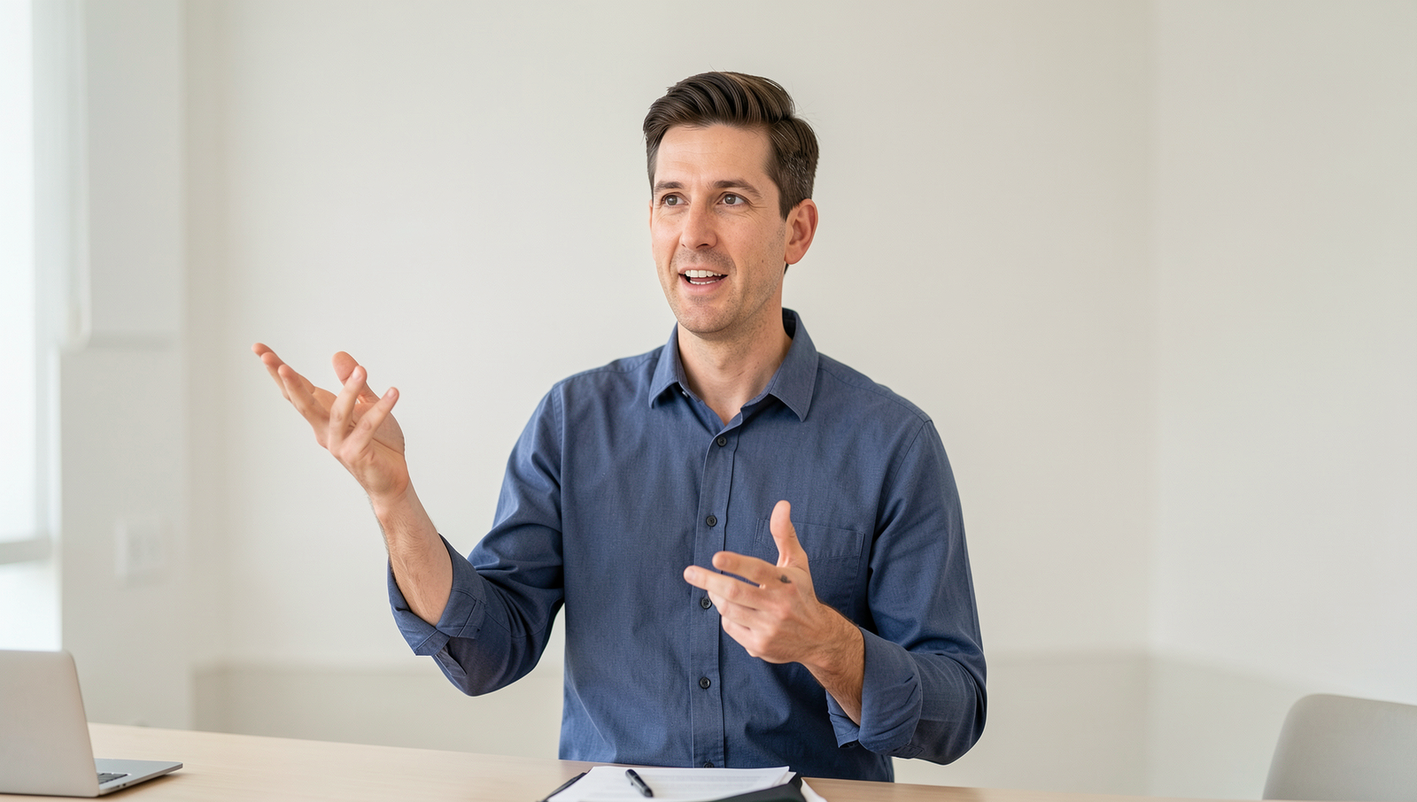 A person confidently giving a presentation in a well-lit room.