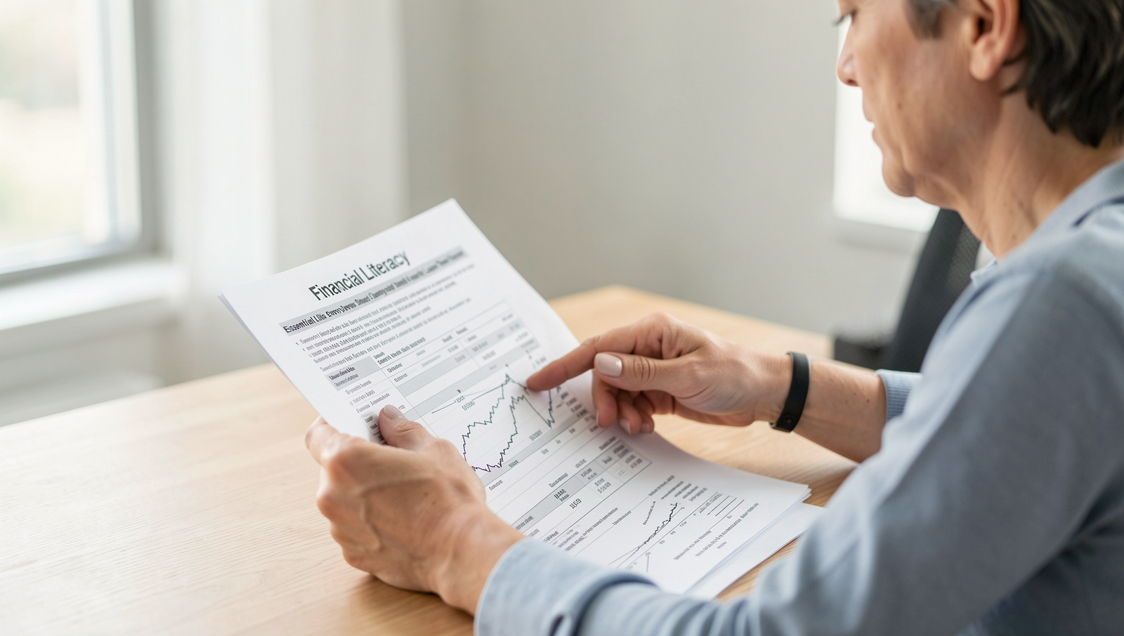 Person reviewing financial documents in a well-lit office setting