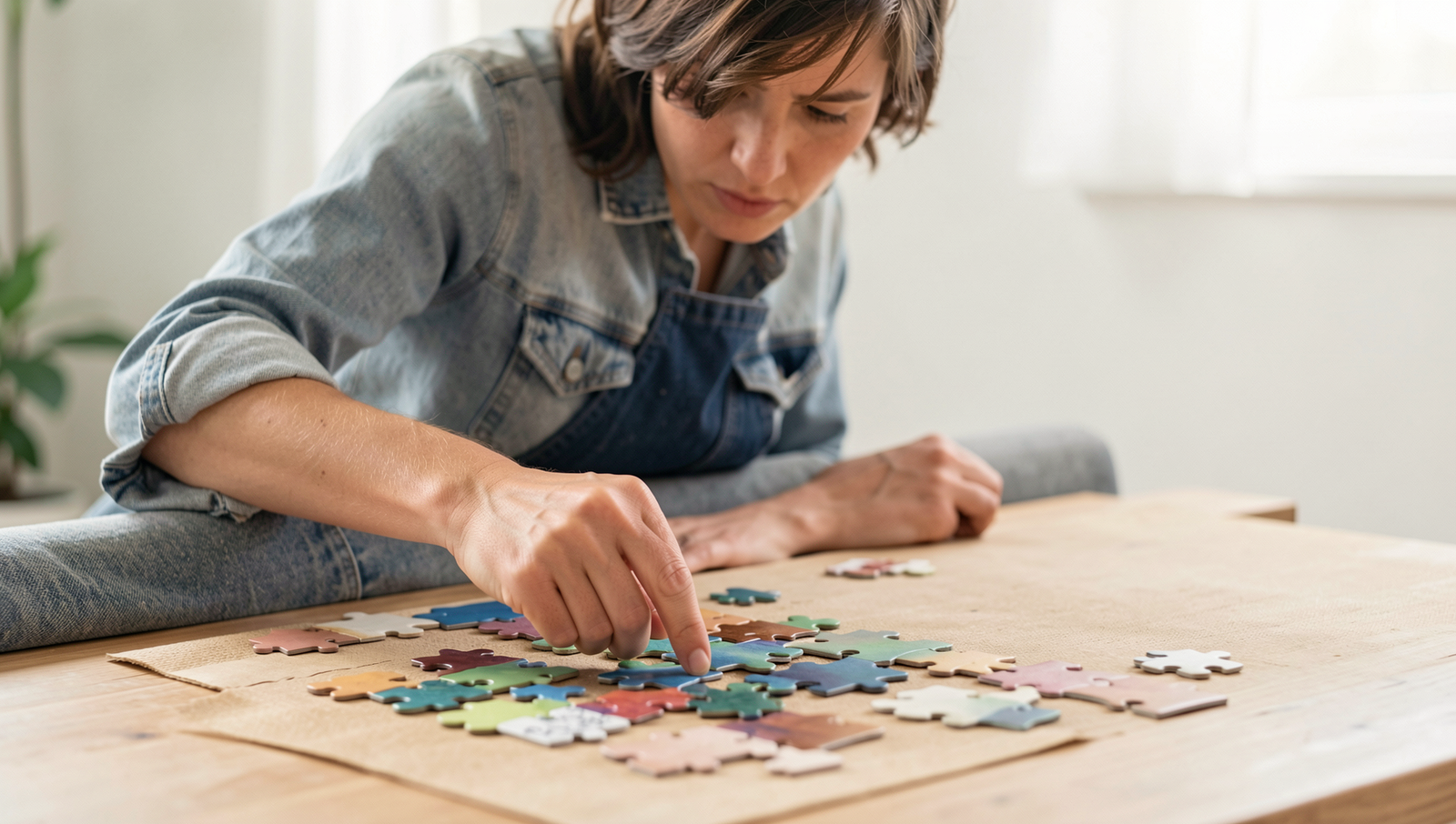 Person focused on solving a complex puzzle in natural light.