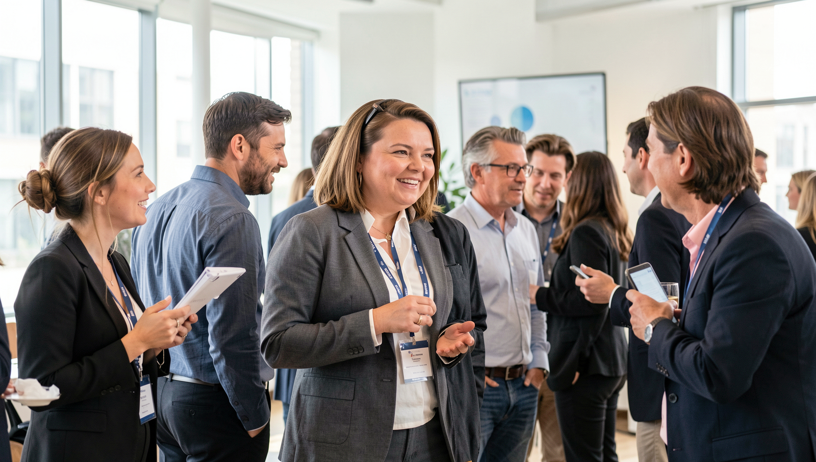 People engaging in conversation at a networking event with natural lighting.