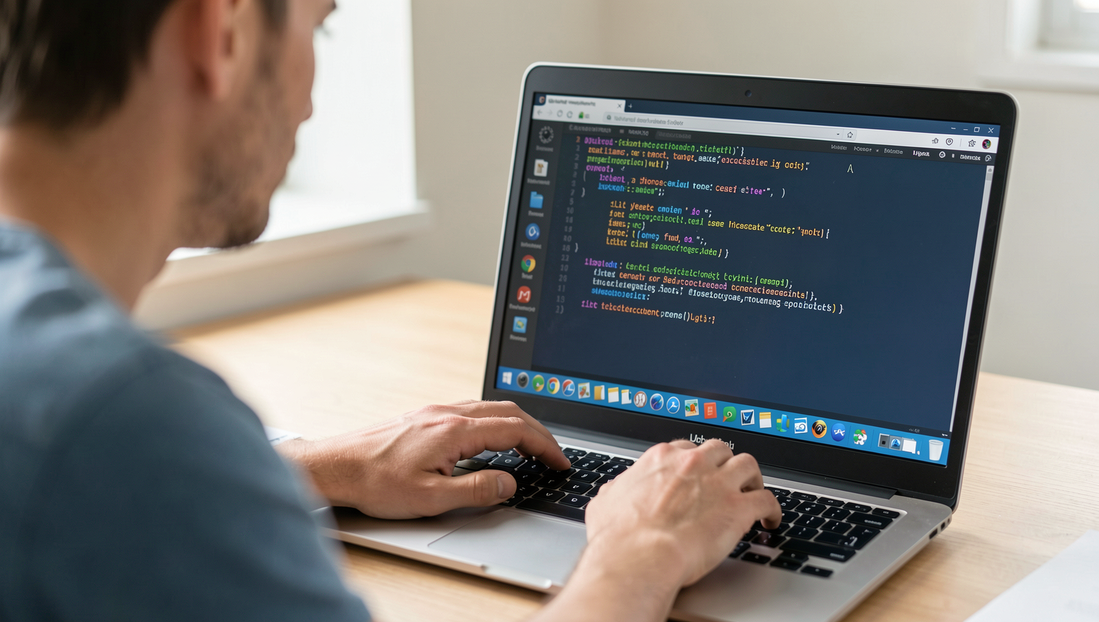 Person browsing AI tools on a laptop with a realistic Linux desktop interface.