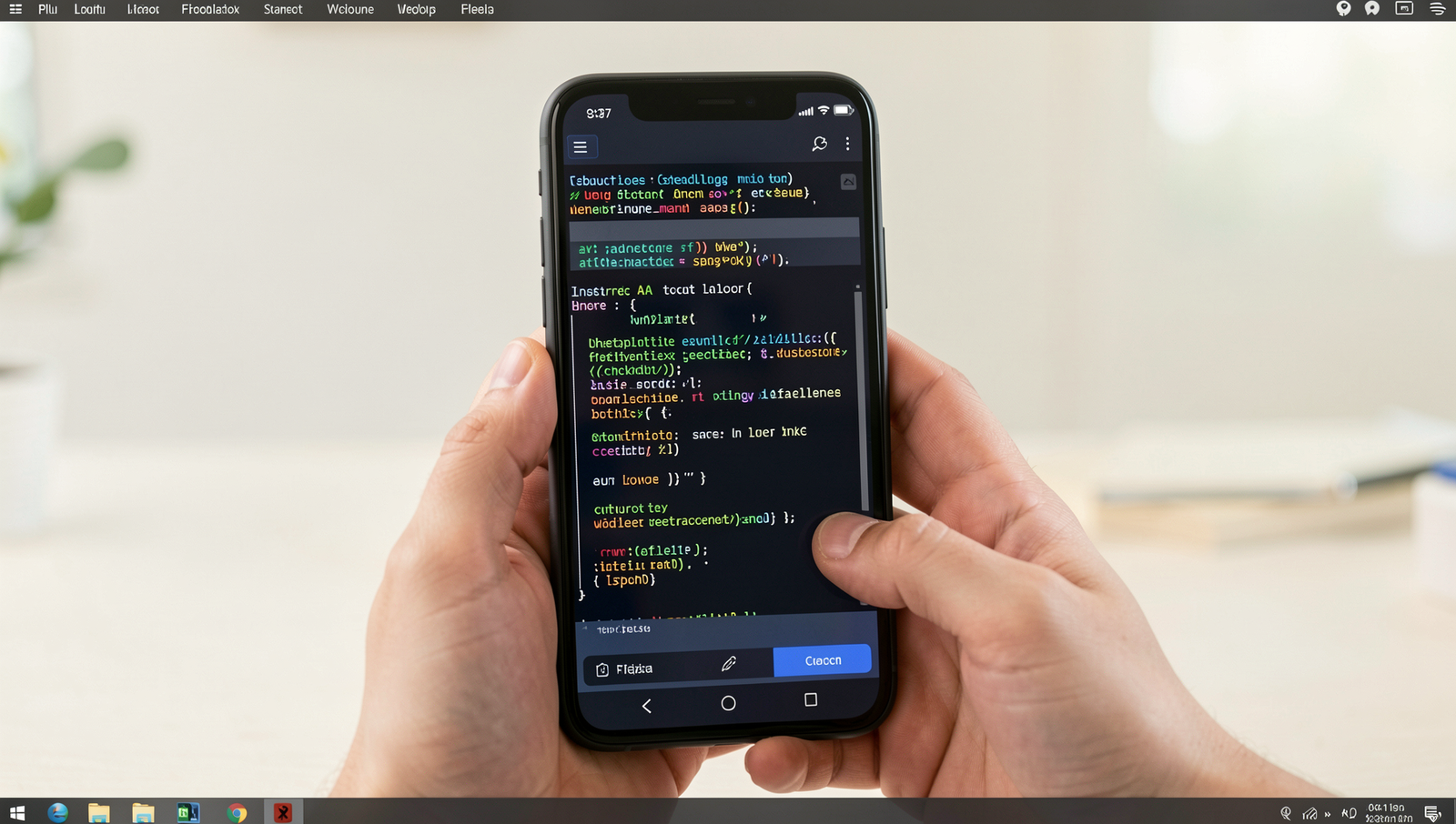 Person using AI scheduling tool on phone with realistic Linux desktop in background.