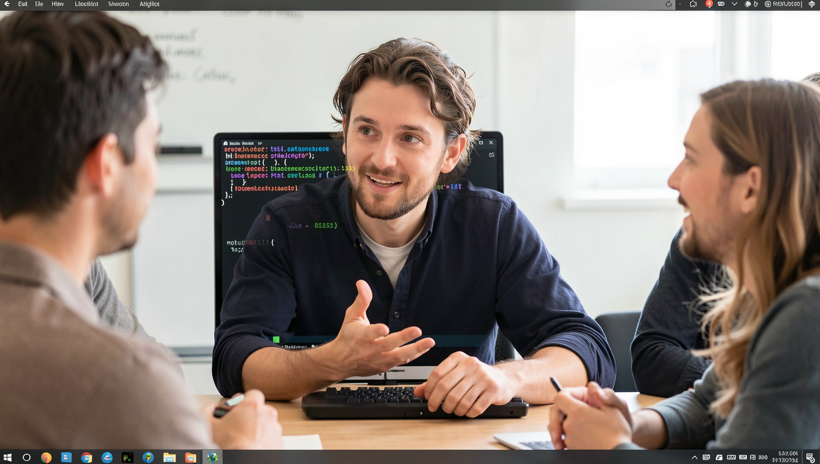 Person discussing AI tools with friends in a realistic Linux desktop setting.