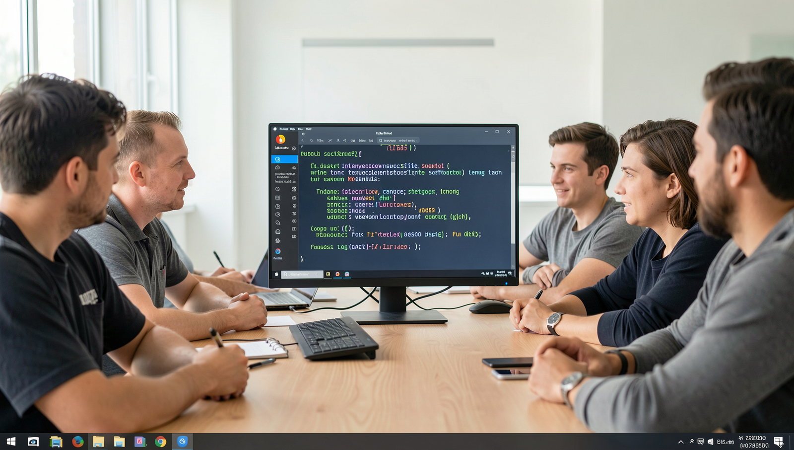 Team meeting discussing cloud service needs with realistic Linux desktop interface.