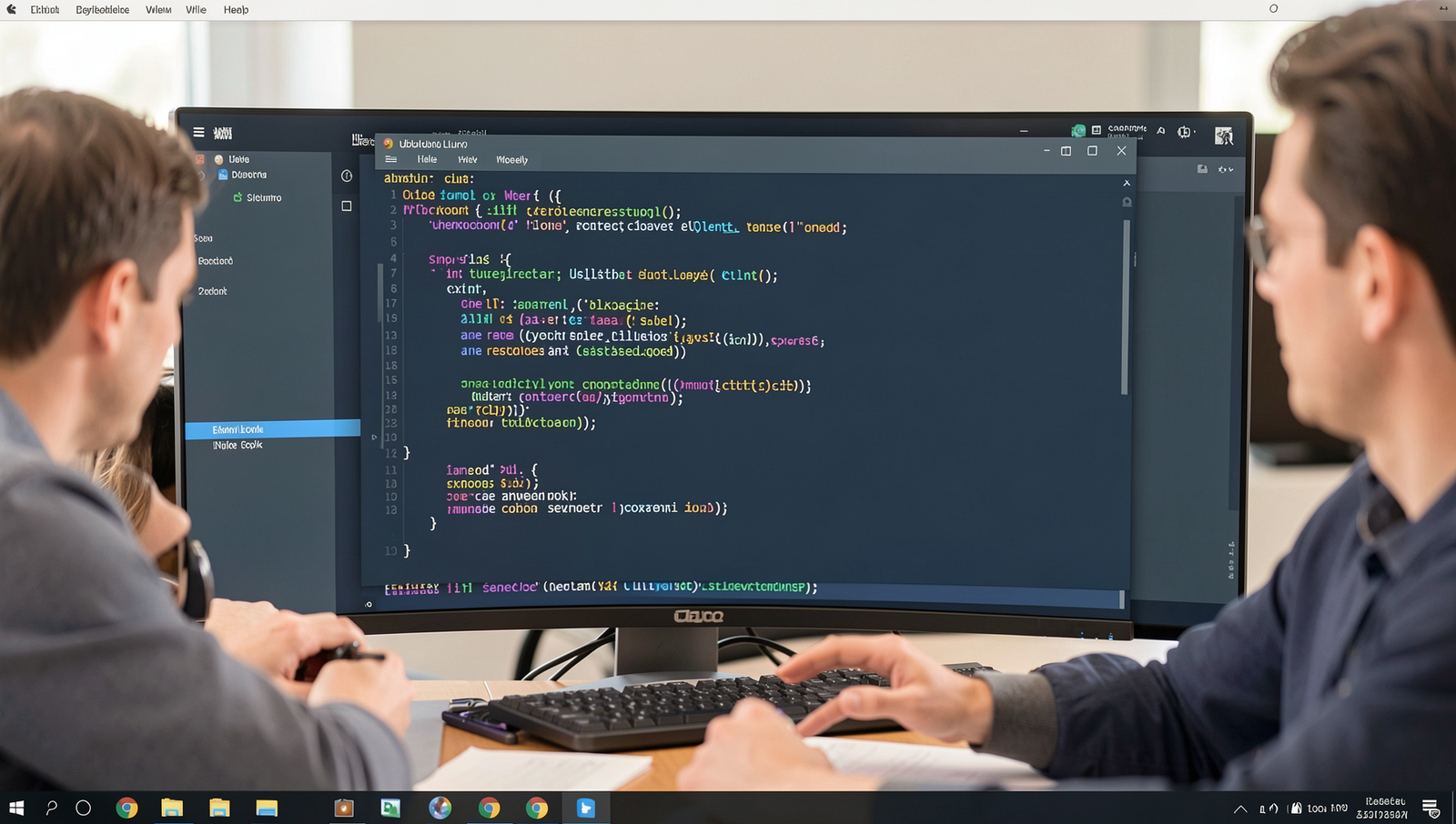 Employees collaborating on a project using cloud tools on a Linux desktop.