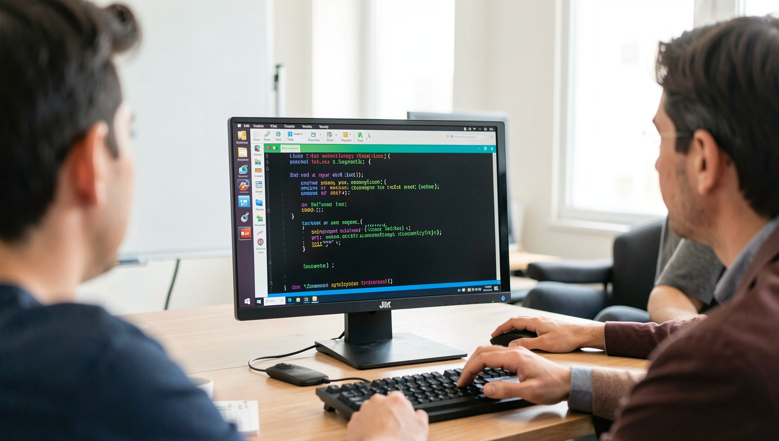 Employees engaged in a cloud technology training session with a Linux desktop.