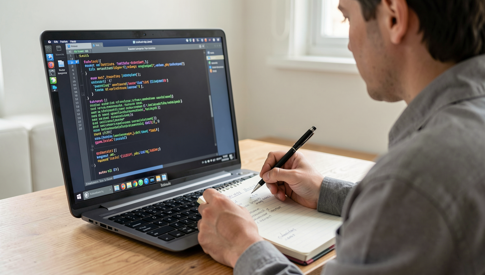 Person writing in a notebook with a realistic Linux desktop in the background.
