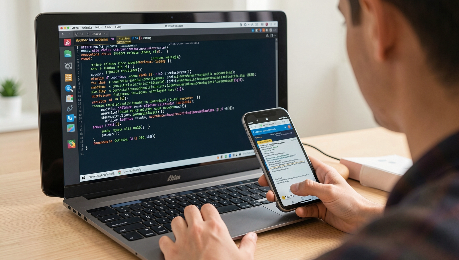 Person using smart devices while browsing a Linux desktop tutorial.