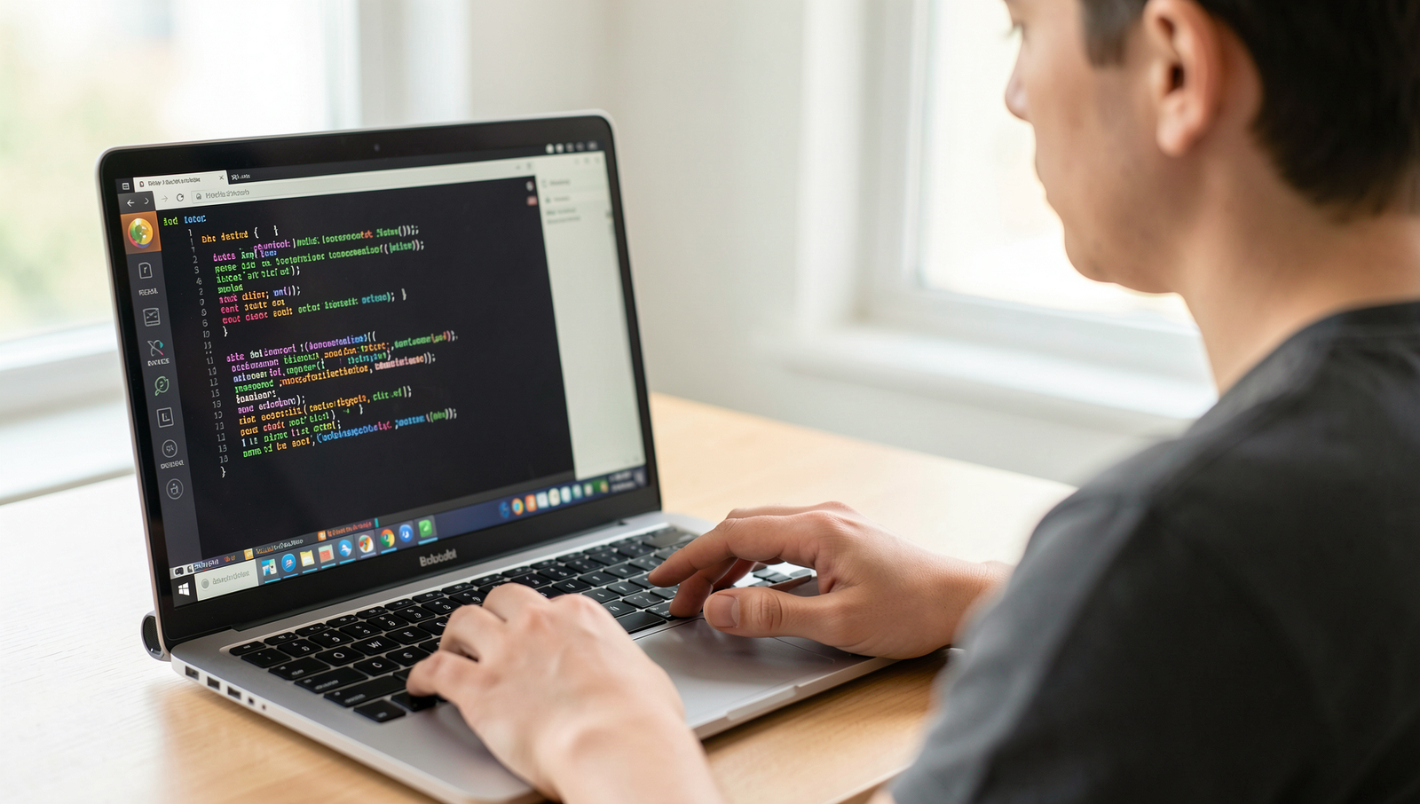 Person reading a tech blog on a laptop with a Linux desktop interface.