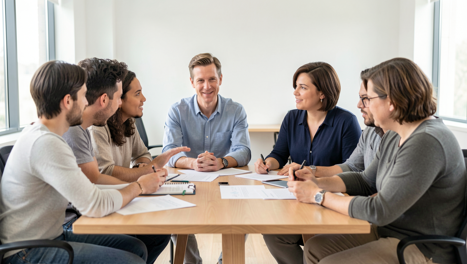 Group of people engaged in a serious discussion about life decisions.