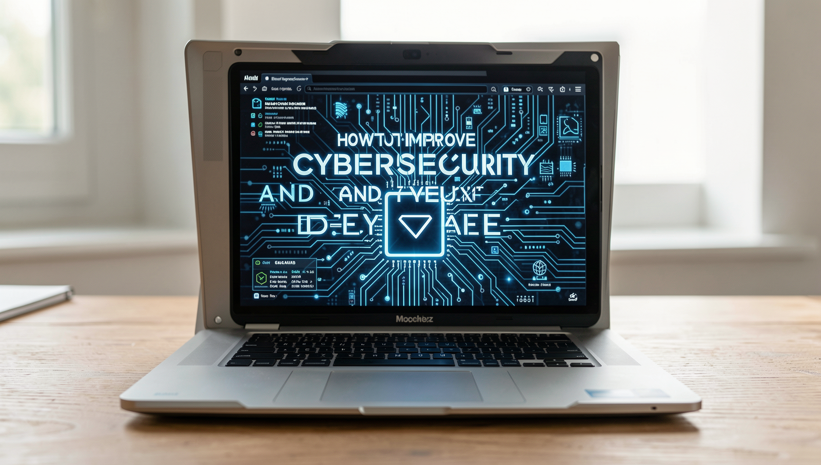 Professional photo depicting a secure workspace with devices and cybersecurity elements.