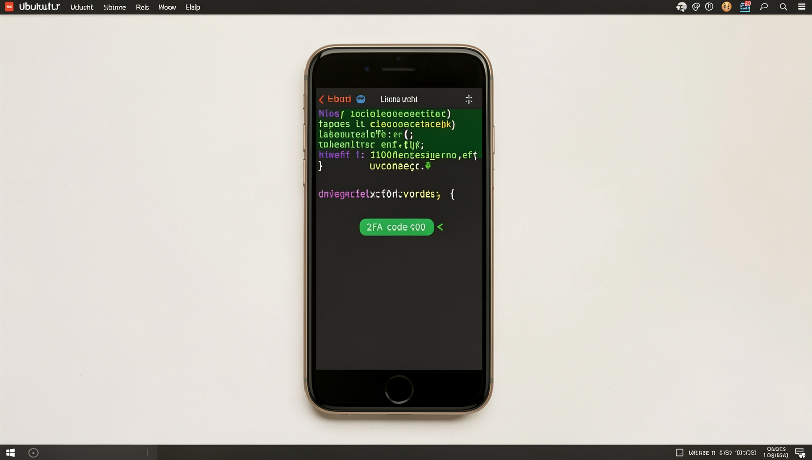 Phone displaying a 2FA code with a Linux desktop in the background.