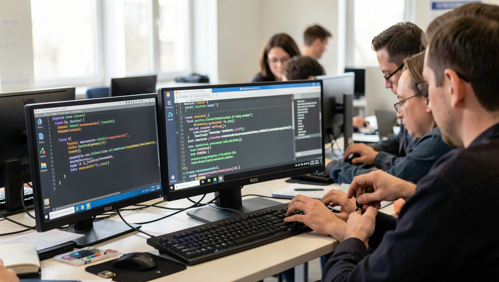 Group of people engaged in a cybersecurity workshop with a Linux desktop setup.