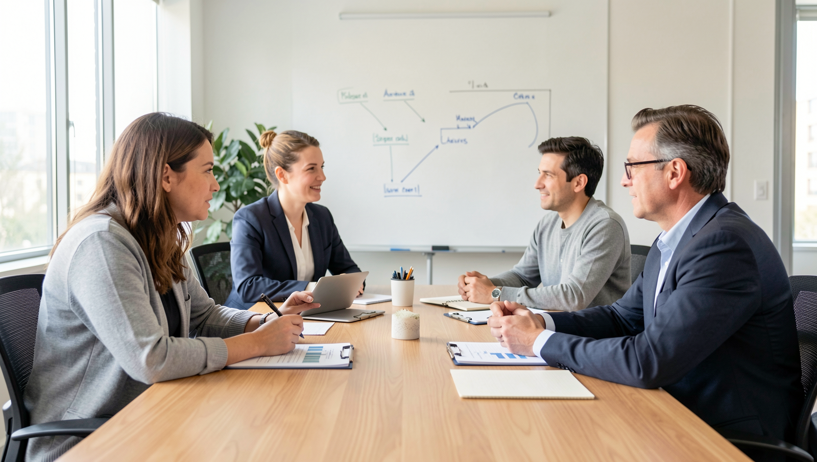 Employees engaged in a meeting discussing workplace benefits and financial planning.