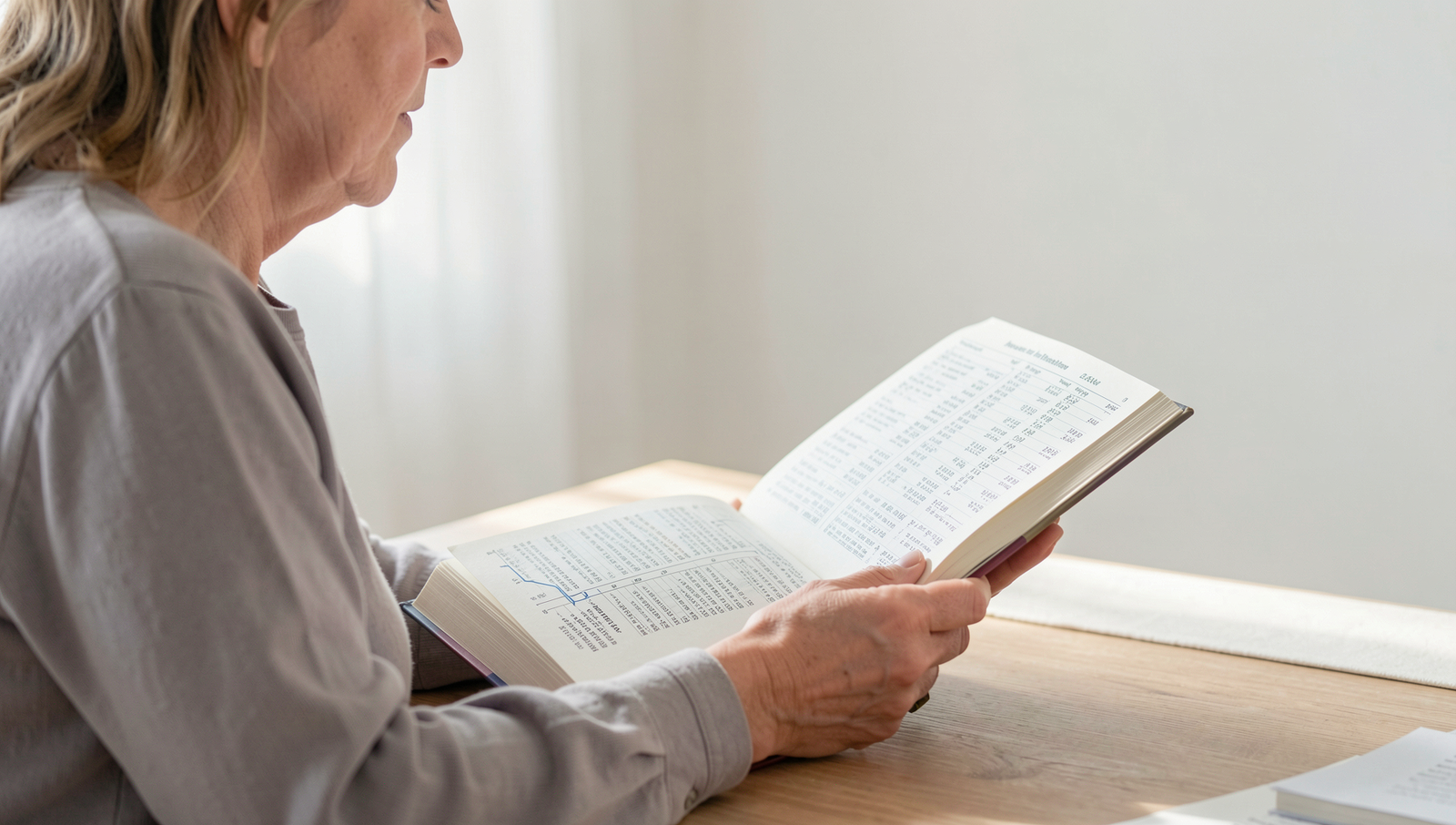 Person reading a financial book at a desk with natural lighting.
