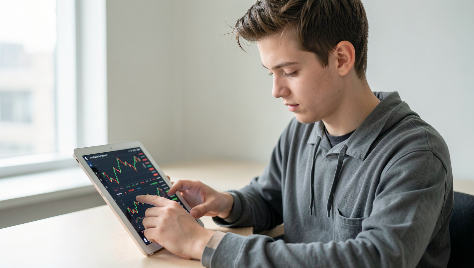 Young person analyzing stock market data on a tablet in natural light.