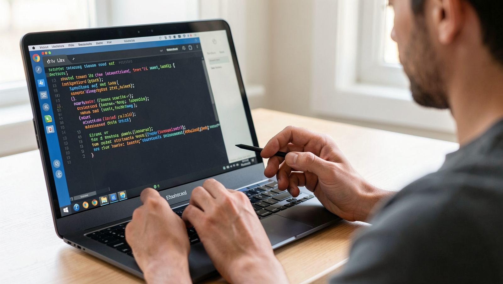 Person reading tech news on a tablet with a realistic Linux desktop UI.