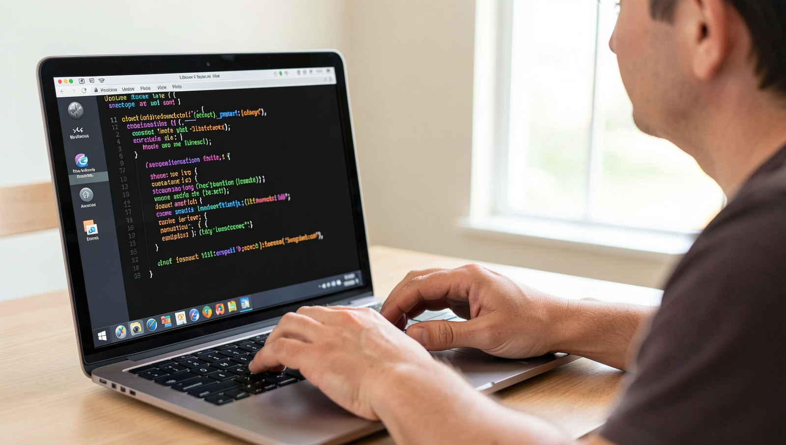 Person coding on a laptop with a realistic Linux desktop interface.