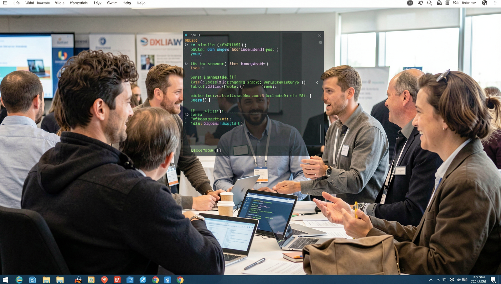 Professionals networking at a conference with a Linux desktop in the background.
