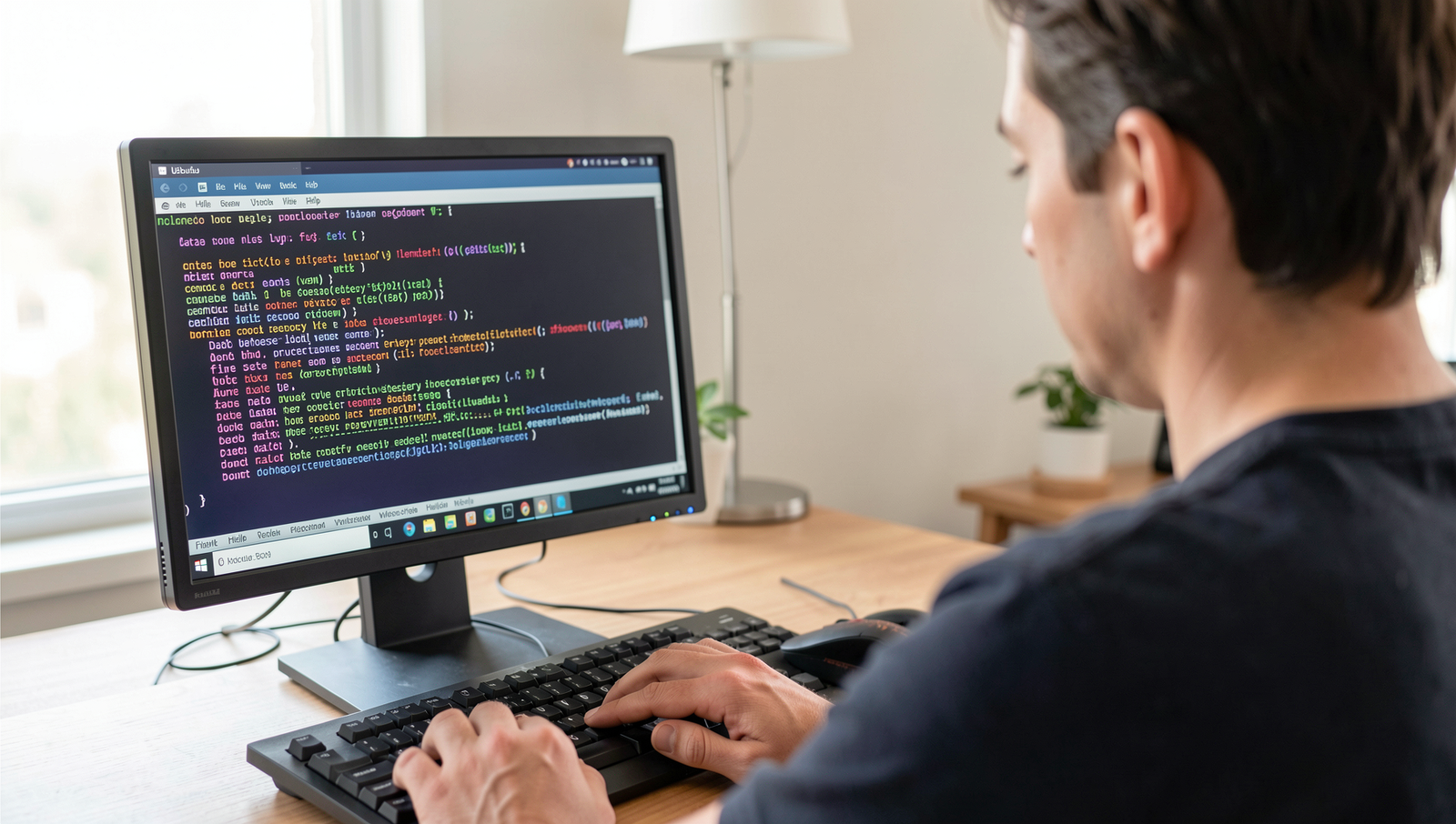 Person reading data privacy laws on a realistic Linux desktop screen.