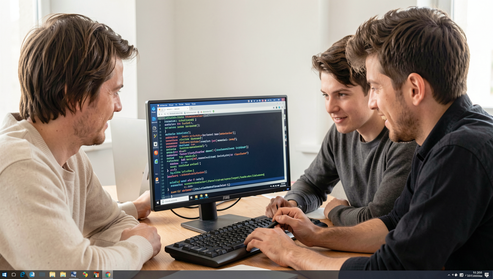 Team collaborating on a project with realistic Linux desktop interface.