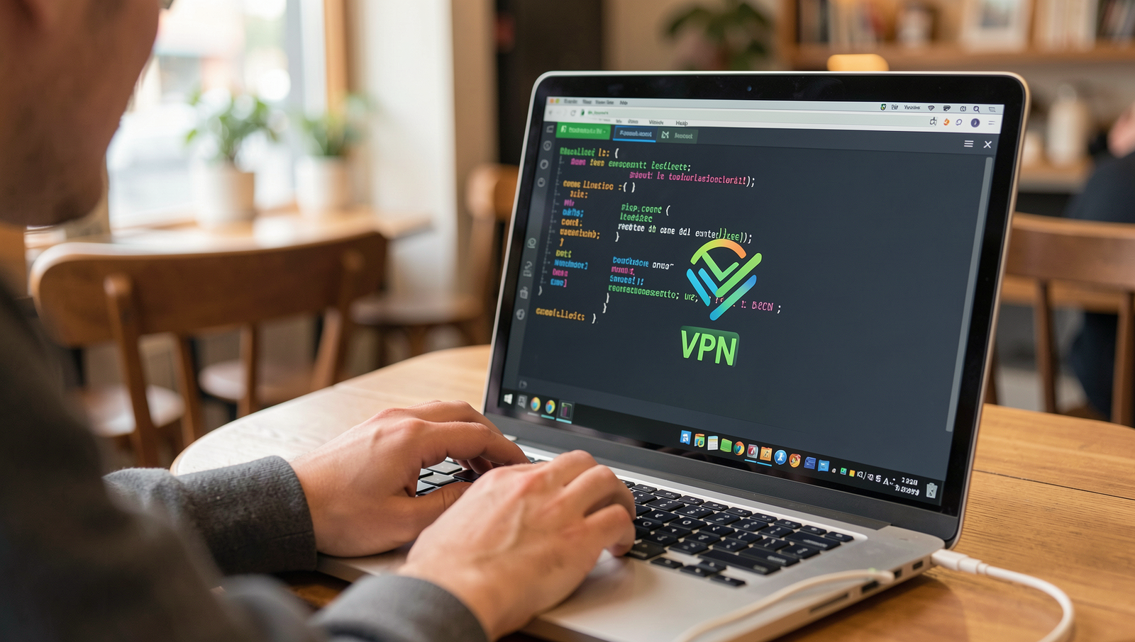 Person using a laptop in a coffee shop with a VPN icon displayed on the screen.