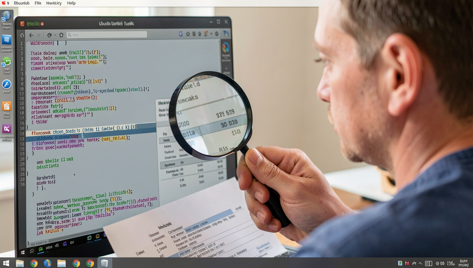 Person examining bank statement with magnifying glass on a Linux desktop.