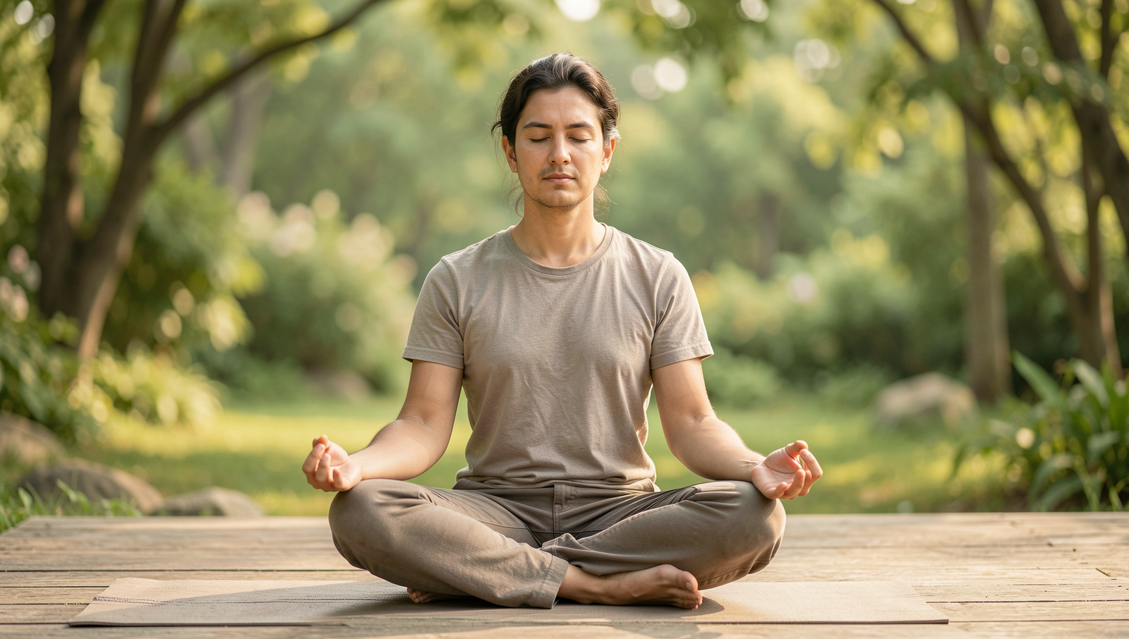 Person meditating in a tranquil setting, embodying mindfulness and serenity.