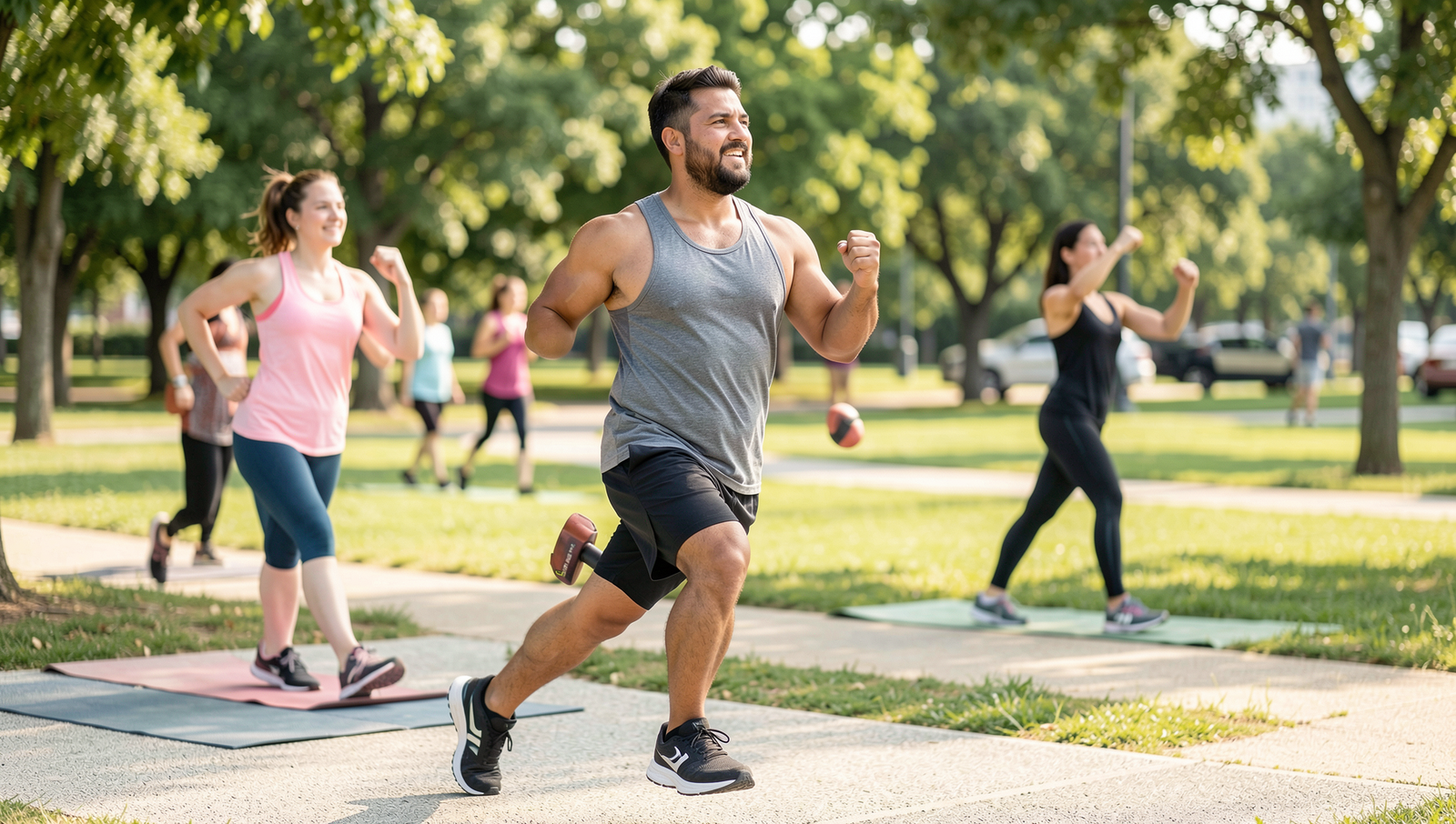 People exercising outdoors in natural light, showcasing physical activity for stress relief.